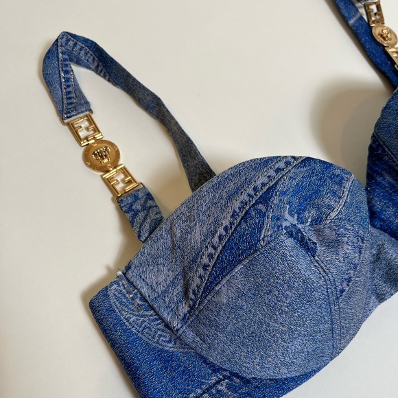 Fendace Fendi Versace Denim Bra Bustier Bralette Blue Patchwork Buckle Crop Top - Picture 8 of 11